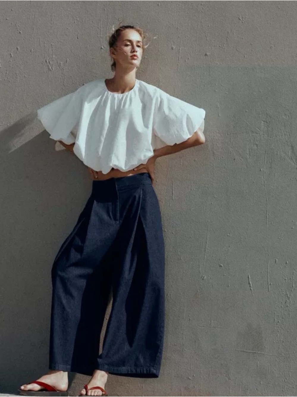 Zara Linen Culotte High Waist Navy Wide-Leg Pants